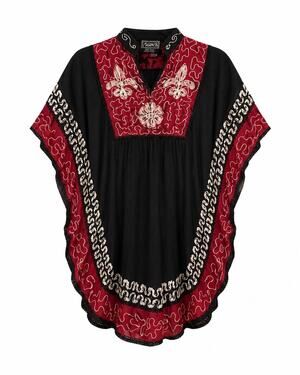 Higness NYC Embroidered Boho Caftan Poncho Tunic Top Black Red One Size